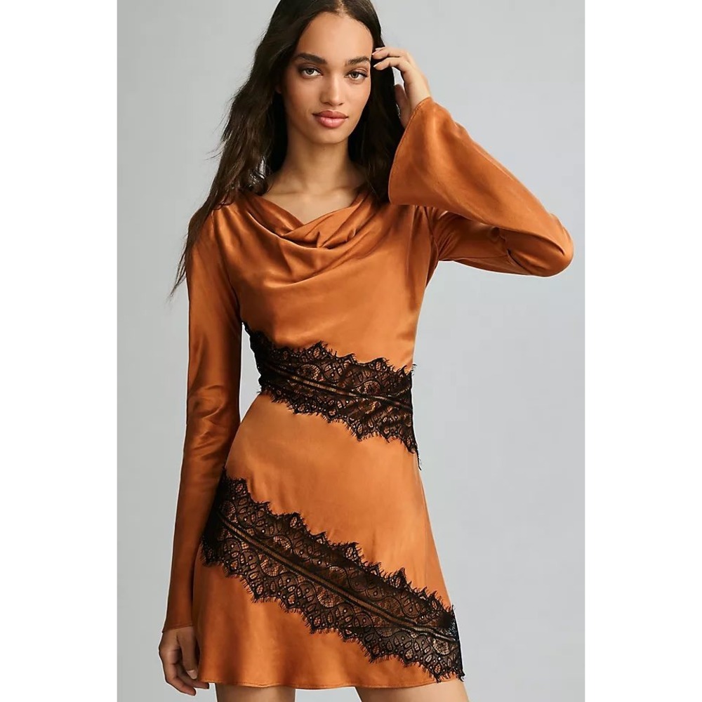 Anthropologie Helaina Mini Dress Caramel Satin Black Lace Open Back Size 4